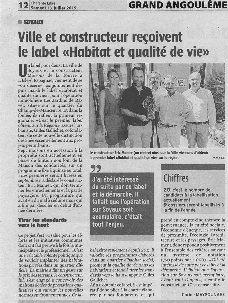 Article Charente-libre : Les maisons de la Touvre obtiennent le label HQV